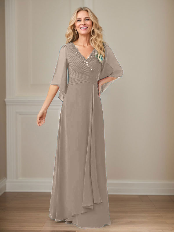 Vestido largo de gasa con lentejuelas y escote en V en forma de A para madre