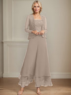 Vestido de madre de la novia de gasa con encaje y lentejuelas, largo hasta los tobillos, con mono/pantalón separado