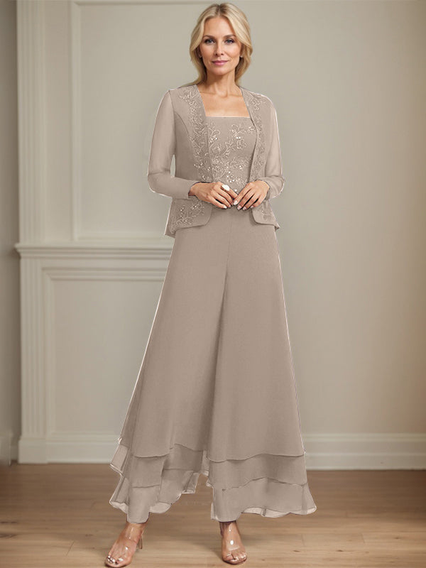 Vestido de madre de la novia de gasa con encaje y lentejuelas, largo hasta los tobillos, con mono/pantalón separado