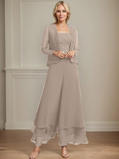 Separates Jumpsuit/Hosenanzug Quadratisches Knöchellanges Spitzenchiffonkleid für die Brautmutter mit Pailletten 