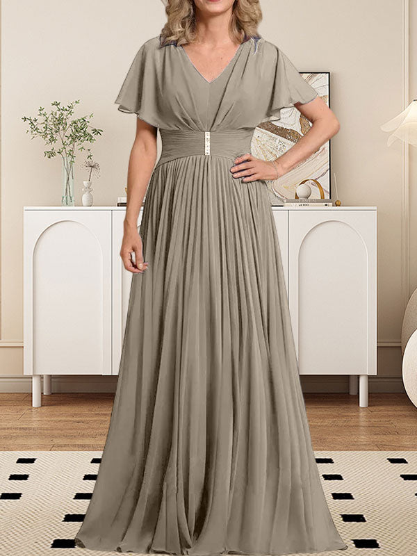 Vestido de gasa para madre de la novia, corte A, escote en V, largo hasta el suelo, con broche de cristal y plisado
