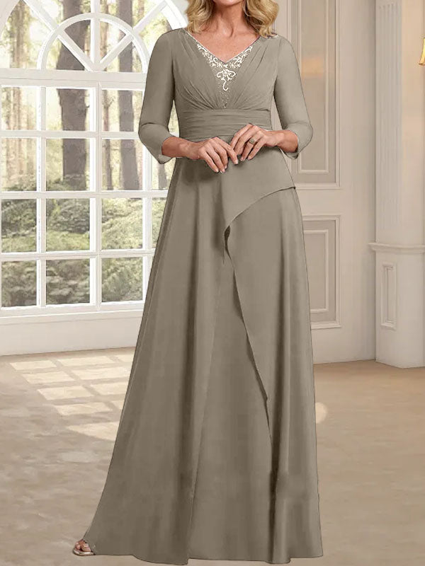 Vestido de gasa para madre de la novia con escote en V, largo hasta el suelo, con pliegues y cuentas