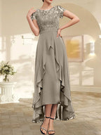 Vestido de madre de la novia de gasa asimétrica con escote en A, ilusión, encaje, lazo, volante y lentejuelas