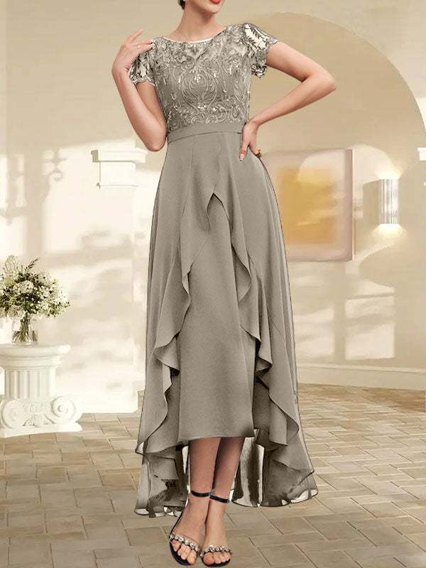Vestido de madre de la novia de gasa asimétrica con escote en A, ilusión, encaje, lazo, volante y lentejuelas