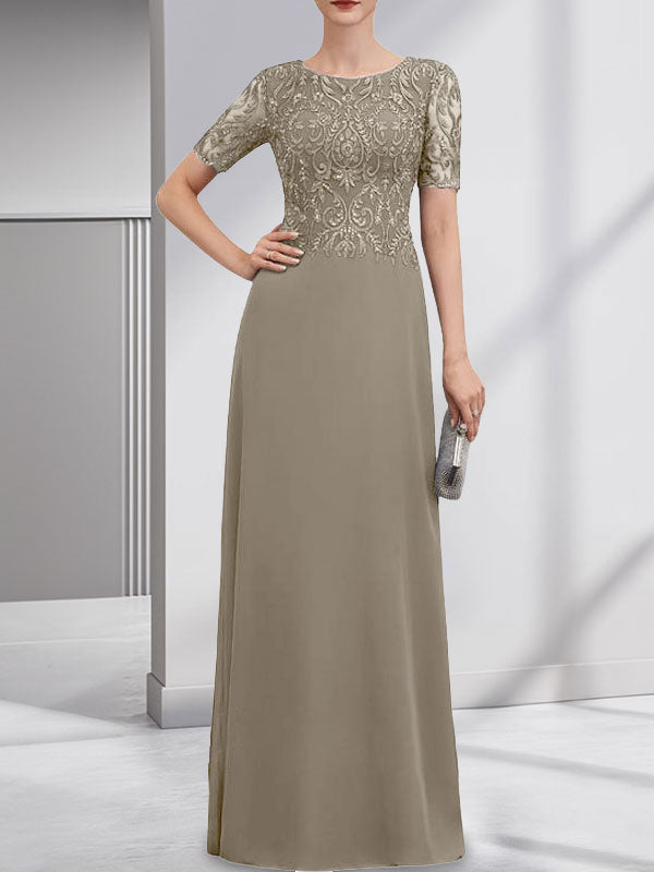 Vestido de gasa con encaje y lentejuelas para madre de la novia, corte A, largo hasta el suelo