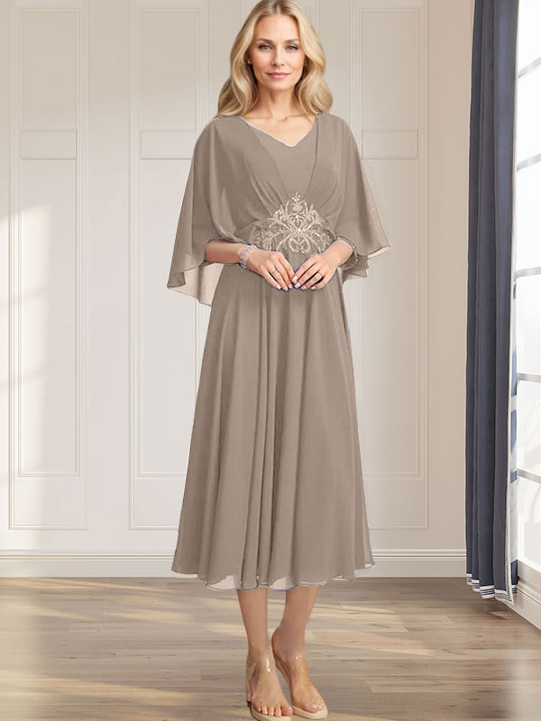 A-Linie V-Ausschnitt Wadenlanges Chiffonkleid für die Brautmutter mit plissierten Paillettenapplikationen Spitzenbesatz 