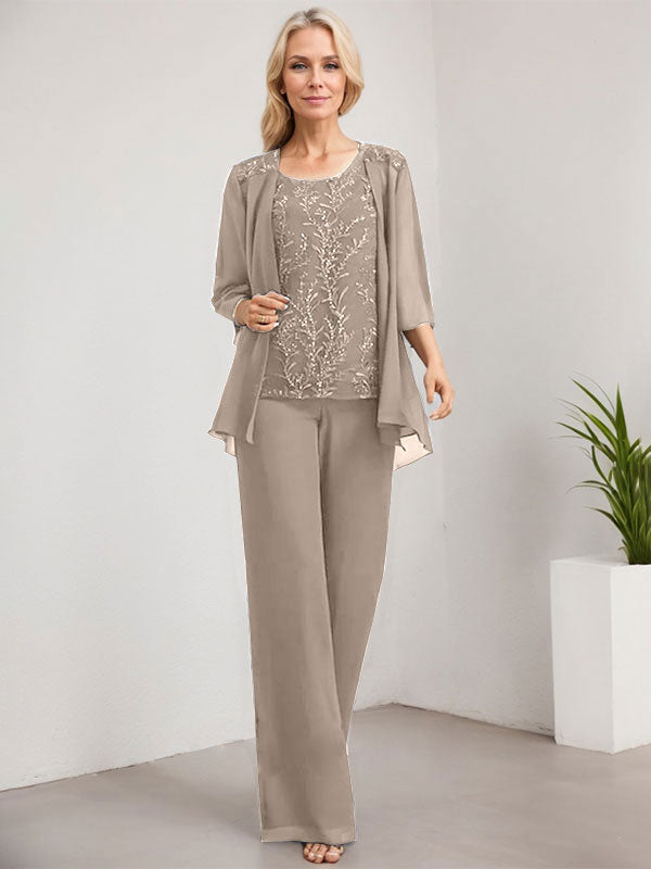Vestido de madre de la novia de gasa con encaje, largo hasta el suelo, con lentejuelas y mono/pantalón separado