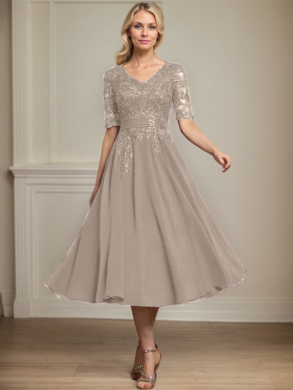 Vestido de gasa con encaje y lentejuelas para madre de la novia, corte A, escote en V y largo hasta la rodilla