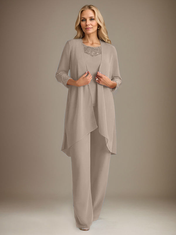Trajes de gasa con mangas largas y escote redondo para madre de la novia con chaqueta
