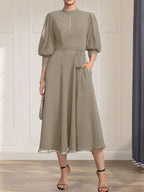 A-line High Neck Tea-Length Lace Chiffon Mother of the Bride Dress With Bow