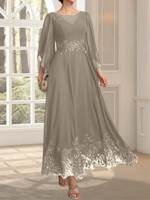 Vestido de gasa con encaje y lentejuelas para madre de la novia, corte A, escote ilusión, largo hasta los tobillos