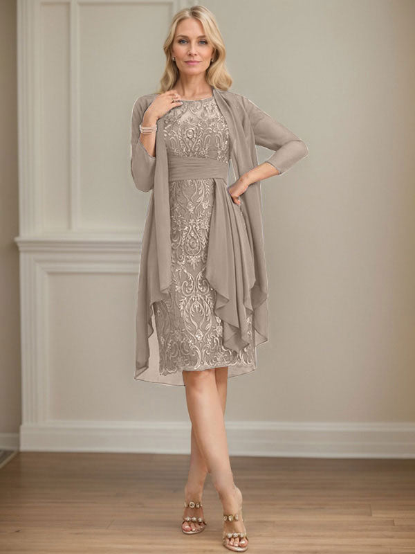 Vestido de madre de la novia de gasa con encaje, escote redondo, ilusión, largo hasta la rodilla, con volantes en cascada y lentejuelas