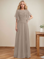 Vestido de gasa con encaje y lentejuelas para madre de la novia, corte A, escote ilusión, largo hasta el suelo