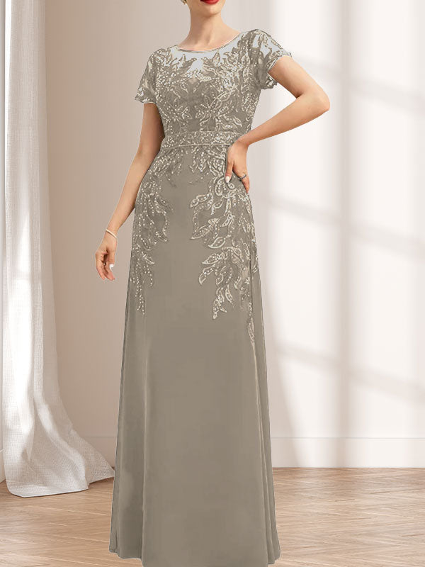 Vestido de madre de la novia de gasa con encaje, escote redondo, ilusión, largo hasta el suelo, con lentejuelas
