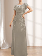 Vestido de madre de la novia de gasa con encaje, escote redondo, ilusión, largo hasta el suelo, con lentejuelas