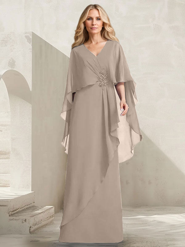 Vestido de gasa para madre de la novia con escote en V, corte A y largo hasta el suelo, con volantes en cascada y cuentas