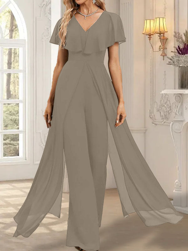 Vestido de noche de gasa con escote en V y largo hasta el suelo, tipo mono/pantalón