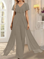 Vestido de noche de gasa con escote en V y largo hasta el suelo, tipo mono/pantalón