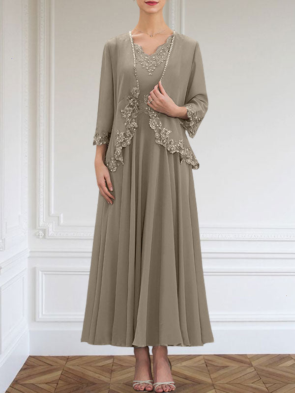 Vestido de gasa para madre de la novia, corte A, escote en V, largo hasta los tobillos, con apliques de lentejuelas, encaje y cuentas