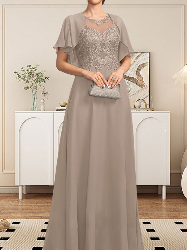 Vestido de gasa con encaje y lentejuelas para madre de la novia, corte A, escote ilusión, largo hasta el suelo