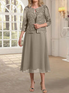 Vestido de gasa con encaje y lentejuelas para madre de la novia, corte A, escote redondo y largo hasta la rodilla