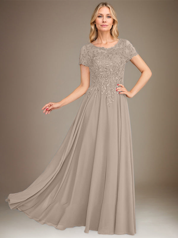 Vestido de gasa para madre de la novia, corte A, largo hasta el suelo, con apliques y lentejuelas