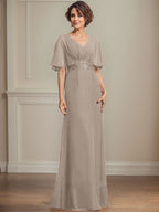 Vestido de gasa para madre de la novia, corte A, escote en V, largo hasta el suelo, con apliques de lentejuelas plisadas y encaje