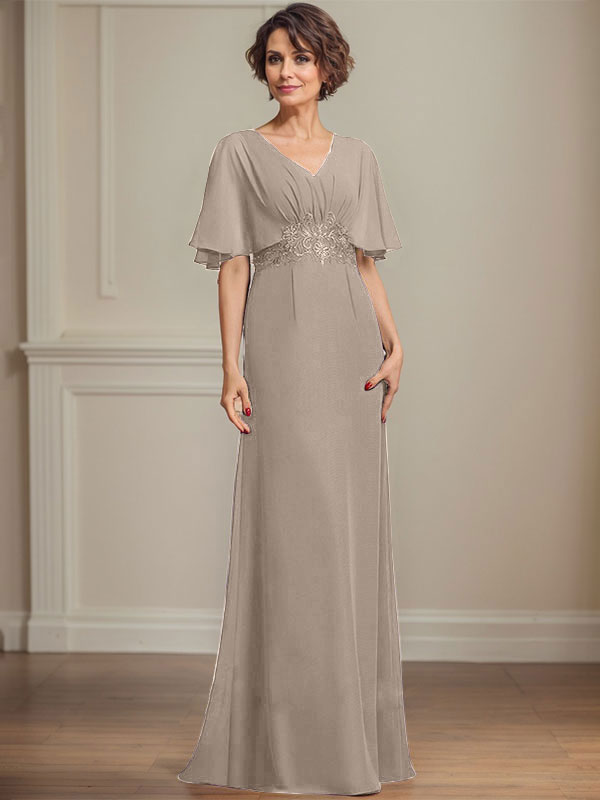 A-Linie V-Ausschnitt Bodenlanges Chiffonkleid für die Brautmutter mit plissierten Paillettenapplikationen Spitze