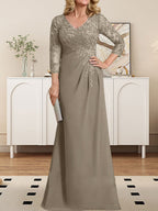 Vestido de madre de la novia de gasa con encaje, escote en V, ilusión, largo hasta el suelo, con lentejuelas plisadas