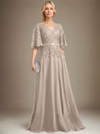Vestido de gasa con encaje y escote en V hasta el suelo para madre de la novia con broche de cristal y diamantes de imitación