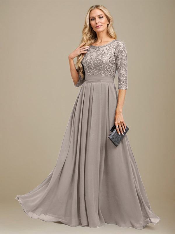 Vestido de madre de la novia de gasa con encaje, corte A, largo hasta el suelo y apliques de lentejuelas