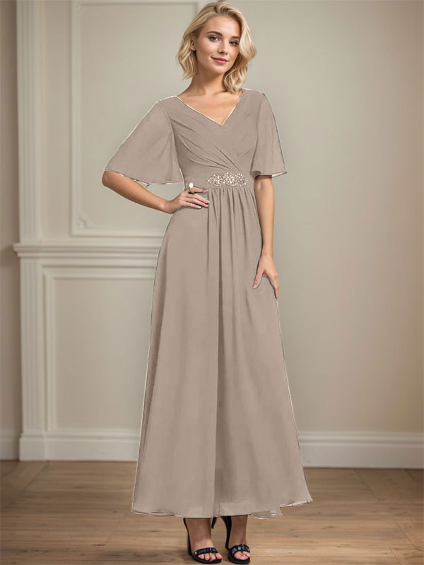 Vestido de gasa para madre de la novia con escote en V, largo hasta los tobillos, corte A y lentejuelas plisadas con cuentas