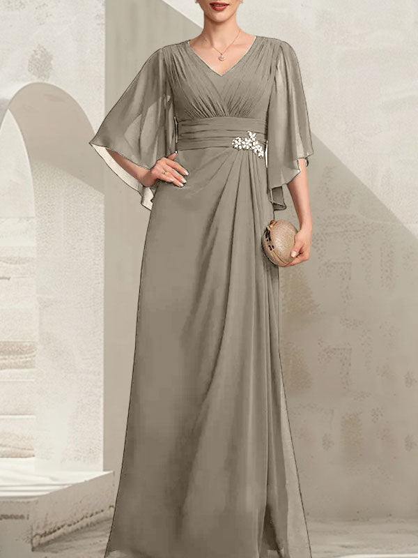 Etui-Linie/Säule V-Ausschnitt Bodenlang Chiffon Kleid für die Brautmutter mit Plissee Pailletten Perlenbesatz
