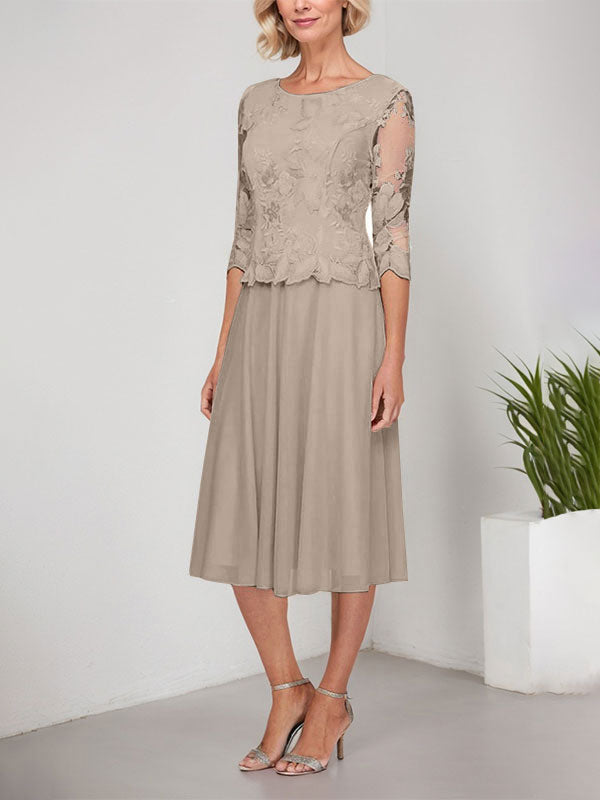 Vestido de gasa con encaje y bordado para madre de la novia, corte A, escote redondo y largo hasta la rodilla