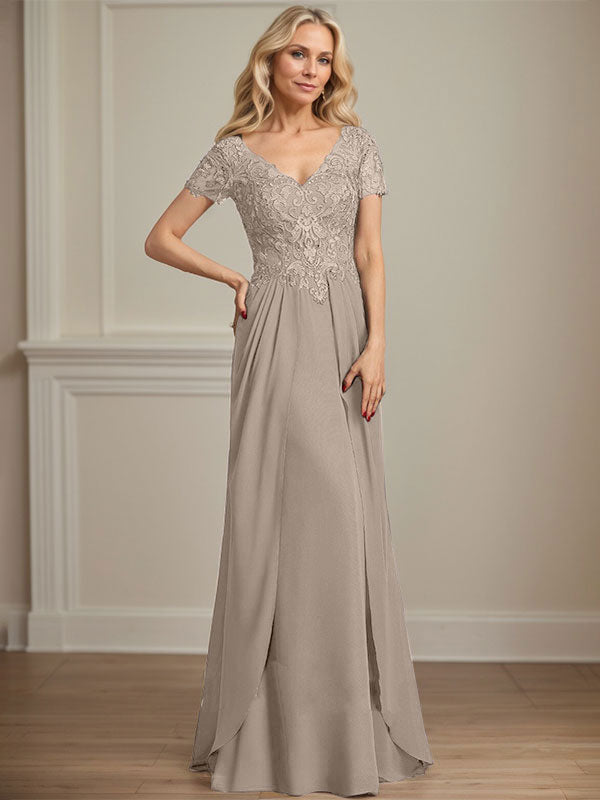 Vestido de gasa con encaje y escote en V hasta el suelo para madre de la novia