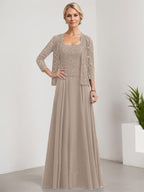 Vestido de madre de la novia de gasa con encaje, corte A, largo hasta el suelo, cuadrado y lentejuelas