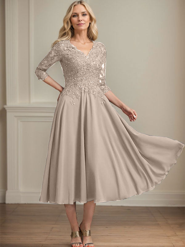 Vestido de gasa con encaje y escote en V para madre de la novia, largo hasta la rodilla, con lentejuelas y abalorios