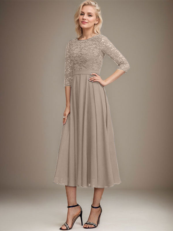 Vestido de gasa con encaje y lentejuelas para madre de la novia, corte A, escote redondo y largo hasta la rodilla