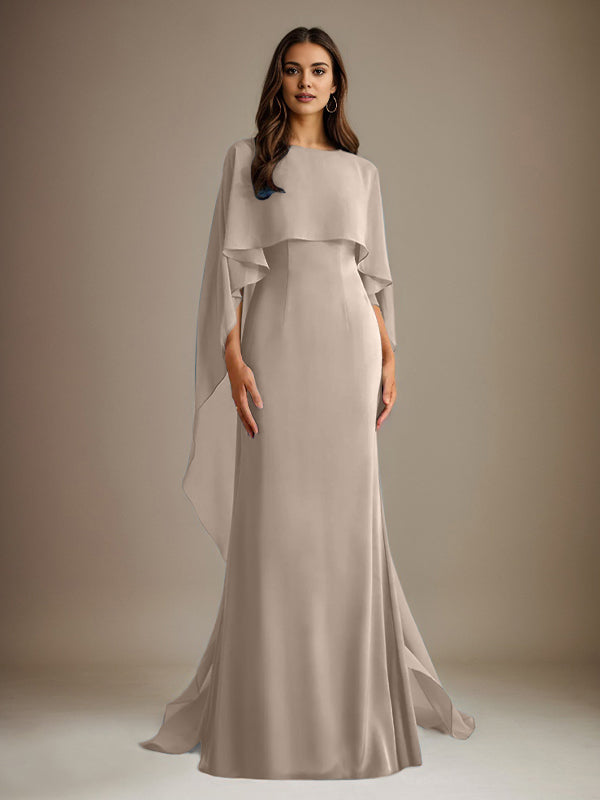 Vestido de gasa para madre de la novia, largo hasta el suelo, con escote barco y corte tubo/columna y volantes en cascada