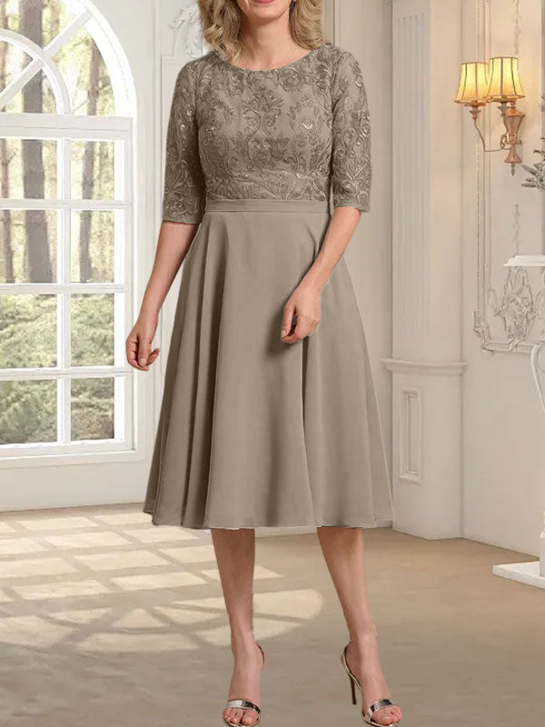 Vestido de gasa con encaje y escote redondo hasta la rodilla para madre de la novia