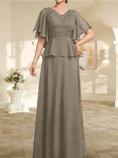 A-Linien-Kleid aus Chiffon mit V-Ausschnitt und bodenlangem Schnitt für die Brautmutter mit plissierten Perlen