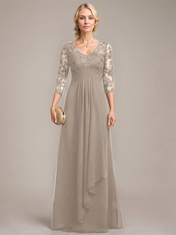 Vestido de madre de la novia de gasa con encaje, escote en V, largo hasta el suelo, con volantes en cascada y lentejuelas