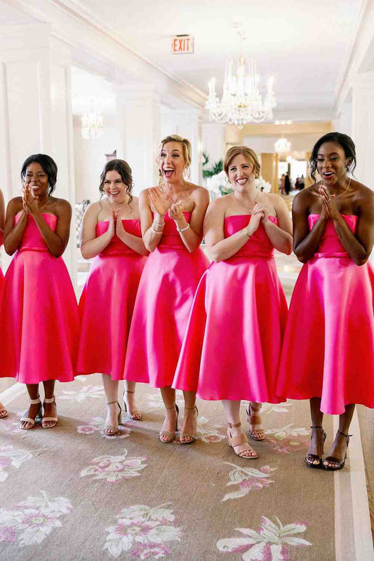 Neon Pink Tea Length Bridesmaid Dress SCB76