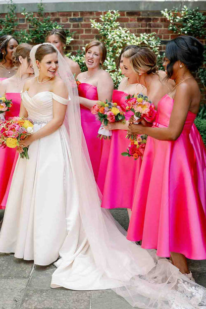 Neon Pink Tea Length Bridesmaid Dress SCB76