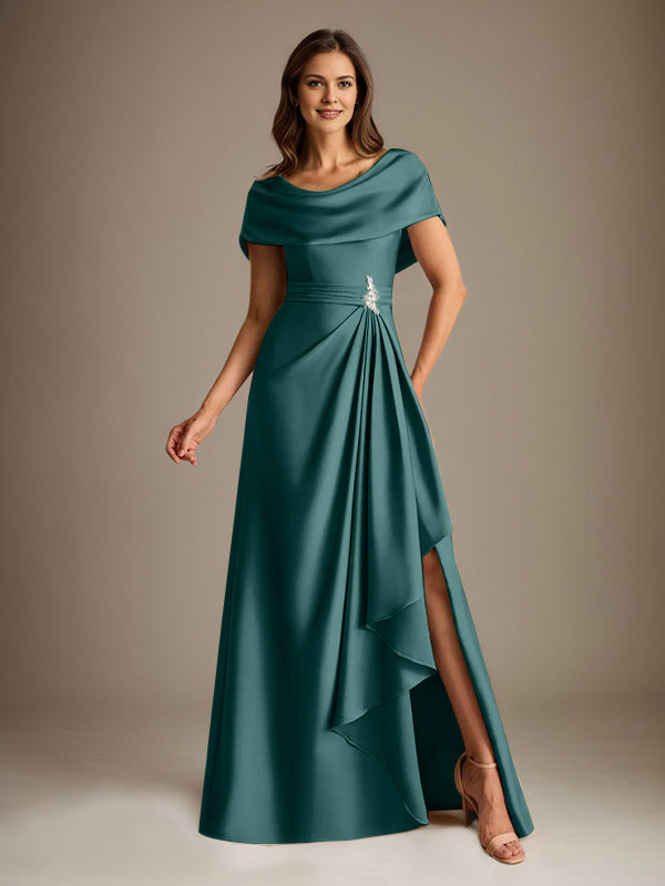 Vestido de madre de la novia de satén elástico, corte A, largo hasta el suelo, con escote redondo y volantes en cascada