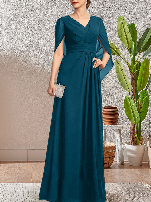 Vestido largo azul marino oscuro con escote en V y corte A para madre de la novia