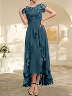 Vestido de madre de la novia de gasa asimétrica con escote en A, ilusión, encaje, lazo, volante y lentejuelas