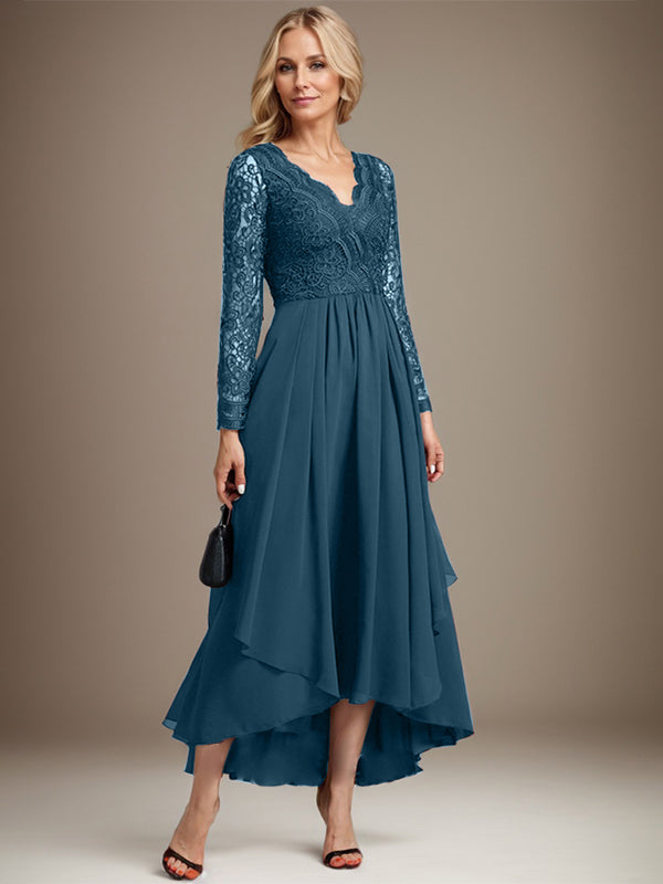 Vestido de madre de la novia de gasa con encaje asimétrico, escote en V y corte A