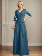 A-Linie V-Ausschnitt Bodenlanges Spitzen-Chiffon-Kleid für die Brautmutter mit kaskadierenden Rüschen und Pailletten 