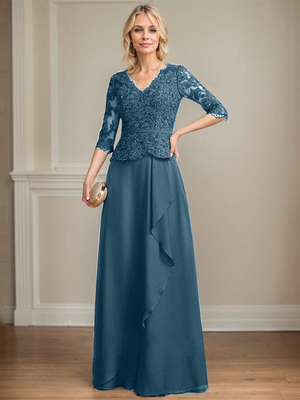 Vestido de madre de la novia de gasa con encaje, escote en V, largo hasta el suelo, con volantes en cascada y lentejuelas